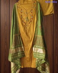 SD1135 - Jaam Cotton Unstitched Suit with Mirror &amp; Kantha Work, Mul Chanderi Lagdi Patta Dupatta