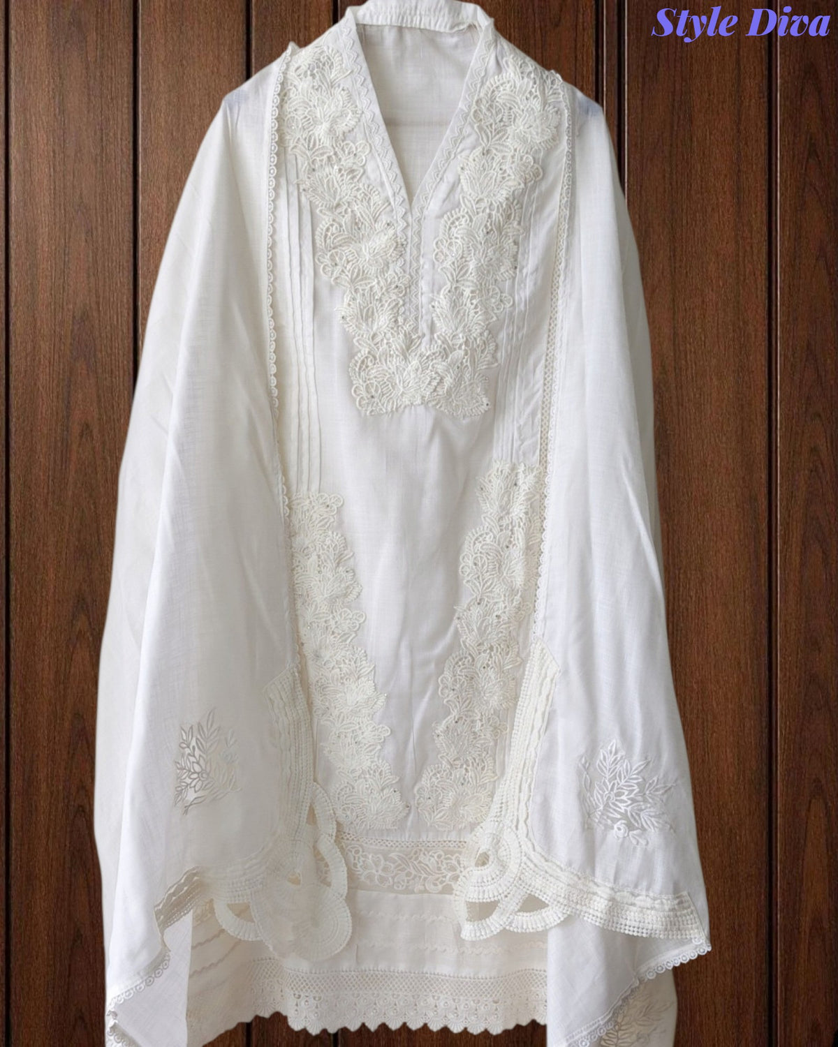 SD1133 - Pakistani Style Khadi Cotton  Unstitched Suit with Overall Crochet Lacing on Kurta & Dupatta