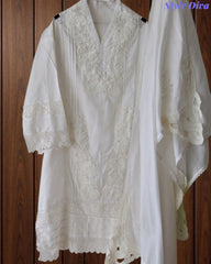 SD1133 - Pakistani Style Khadi Cotton  Unstitched Suit with Overall Crochet Lacing on Kurta & Dupatta