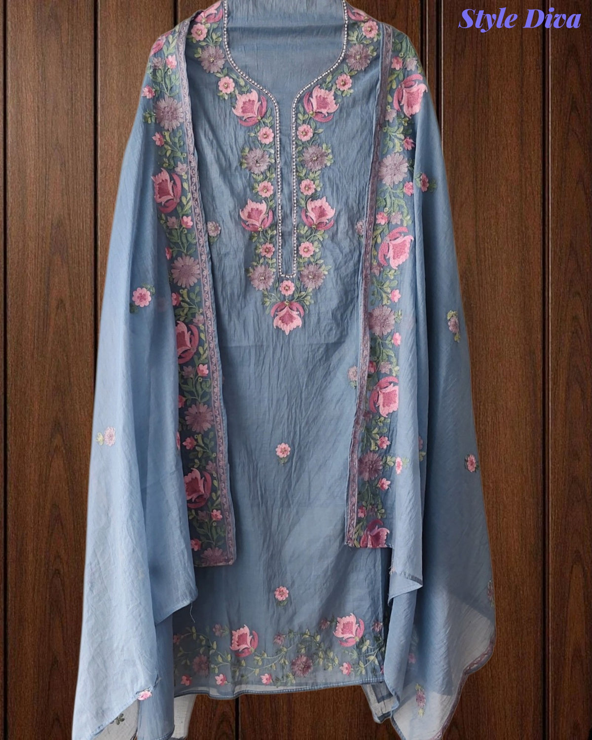 SD1112 - Mul Cotton Unstitched Suit with Parsi Embroidery, Pearl Highlighting & Matching Embroidered Dupatta
