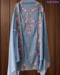 SD1112 - Mul Cotton Unstitched Suit with Parsi Embroidery, Pearl Highlighting & Matching Embroidered Dupatta