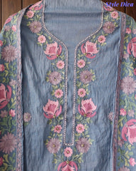 SD1112 - Mul Cotton Unstitched Suit with Parsi Embroidery, Pearl Highlighting & Matching Embroidered Dupatta