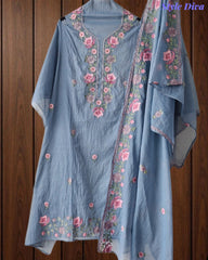 SD1112 - Mul Cotton Unstitched Suit with Parsi Embroidery, Pearl Highlighting & Matching Embroidered Dupatta