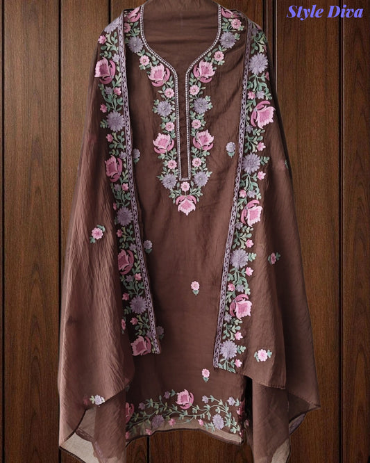 SD1112 - Mul Cotton Unstitched Suit with Parsi Embroidery, Pearl Highlighting & Matching Embroidered Dupatta