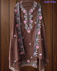 SD1112 - Mul Cotton Unstitched Suit with Parsi Embroidery, Pearl Highlighting & Matching Embroidered Dupatta