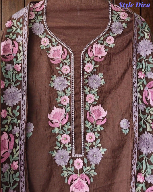 SD1112 - Mul Cotton Unstitched Suit with Parsi Embroidery, Pearl Highlighting & Matching Embroidered Dupatta