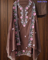SD1112 - Mul Cotton Unstitched Suit with Parsi Embroidery, Pearl Highlighting & Matching Embroidered Dupatta