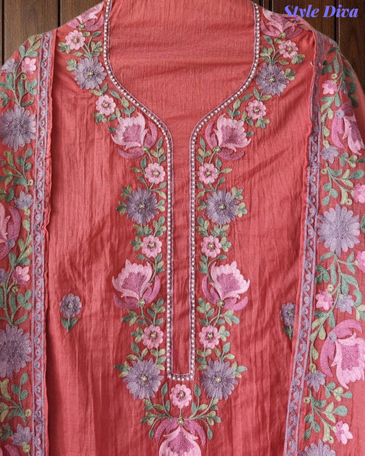 SD1112 - Mul Cotton Unstitched Suit with Parsi Embroidery, Pearl Highlighting & Matching Embroidered Dupatta
