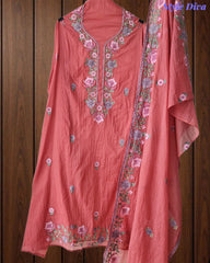 SD1112 - Mul Cotton Unstitched Suit with Parsi Embroidery, Pearl Highlighting & Matching Embroidered Dupatta