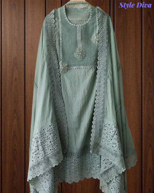 SD1117 - Pakistani Style Mul Cotton Unstitched Suit Set with Crochet Lacing & Sequin Work