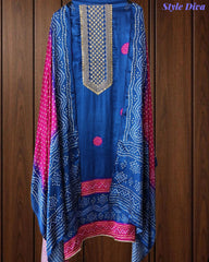 Premium Gajji Silk Digital Bandhej Print Unstitched Suit Set with Zari Embroidery, Faux Mirror & Sequin Work