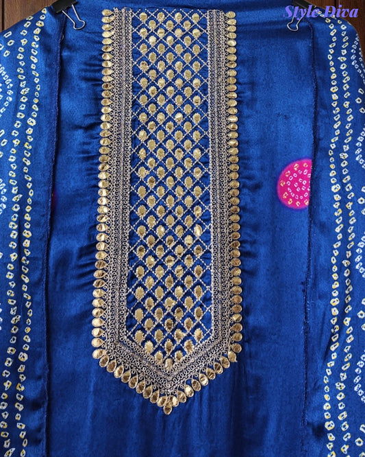 Premium Gajji Silk Digital Bandhej Print Unstitched Suit Set with Zari Embroidery, Faux Mirror & Sequin Work