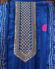 Premium Gajji Silk Digital Bandhej Print Unstitched Suit Set with Zari Embroidery, Faux Mirror & Sequin Work