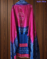 Premium Gajji Silk Digital Bandhej Print Unstitched Suit Set with Zari Embroidery, Faux Mirror & Sequin Work