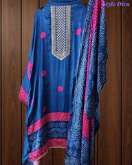Premium Gajji Silk Digital Bandhej Print Unstitched Suit Set with Zari Embroidery, Faux Mirror & Sequin Work