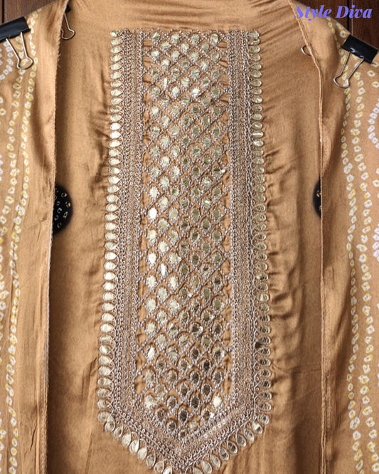 Premium Gajji Silk Digital Bandhej Print Unstitched Suit Set with Zari Embroidery, Faux Mirror & Sequin Work