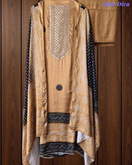 Premium Gajji Silk Digital Bandhej Print Unstitched Suit Set with Zari Embroidery, Faux Mirror & Sequin Work