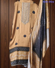 Premium Gajji Silk Digital Bandhej Print Unstitched Suit Set with Zari Embroidery, Faux Mirror & Sequin Work