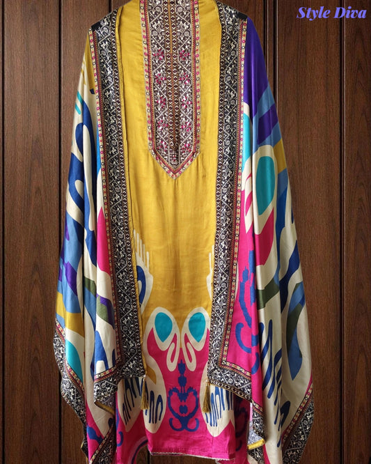 Gajji Silk Digital Printed Unstitched Suit with Mirror Highlighting & Matching Dupatta