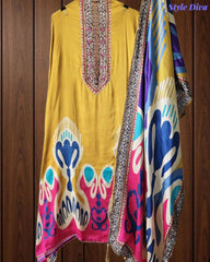 Gajji Silk Digital Printed Unstitched Suit with Mirror Highlighting & Matching Dupatta