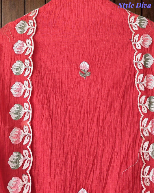 SD1101 - Mul Cotton Unstitched Suit with Parsi Embroidery, Embroidered Kurta & Matching Dupatta