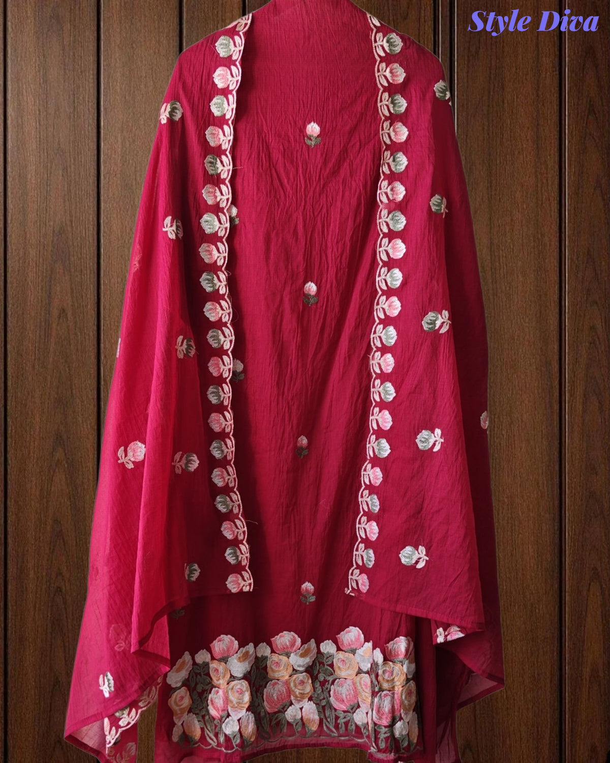 SD1101 - Mul Cotton Unstitched Suit with Parsi Embroidery, Embroidered Kurta & Matching Dupatta