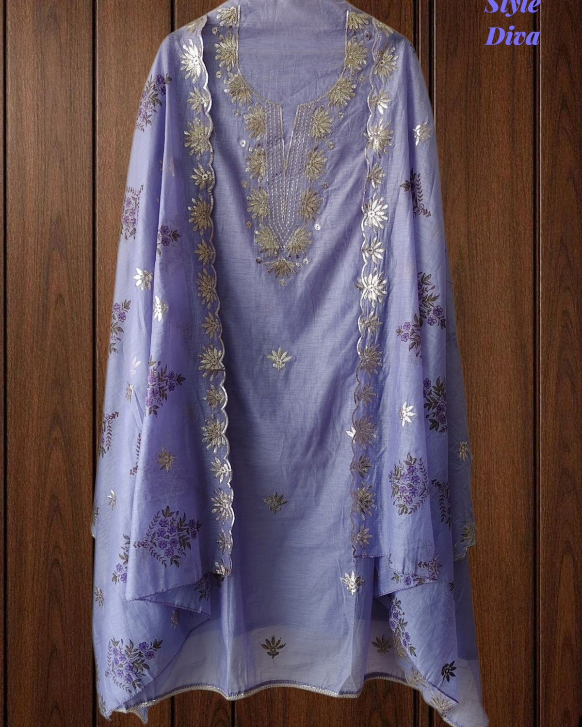 SD1136 - Mul Cotton Unstitched Suit with Pita Work, Block Print Dupatta & Matching Kurta