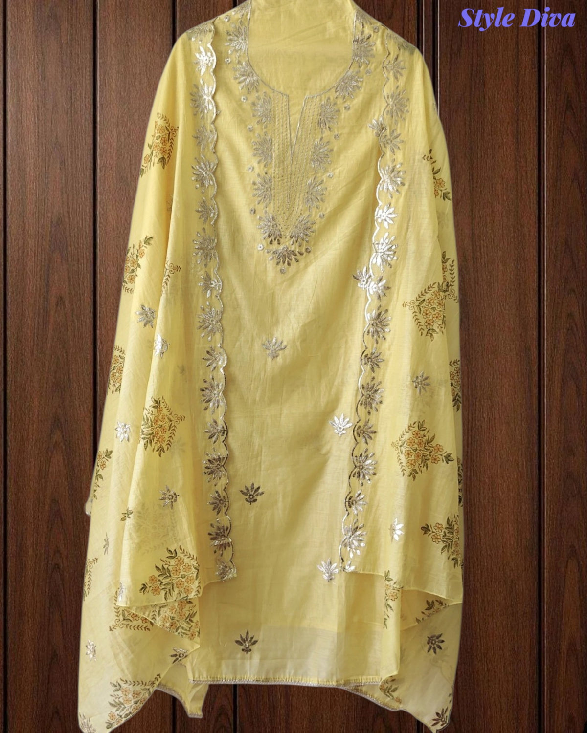 SD1136 - Mul Cotton Unstitched Suit with Pita Work, Block Print Dupatta & Matching Kurta