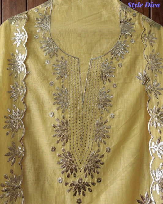 SD1136 - Mul Cotton Unstitched Suit with Pita Work, Block Print Dupatta & Matching Kurta