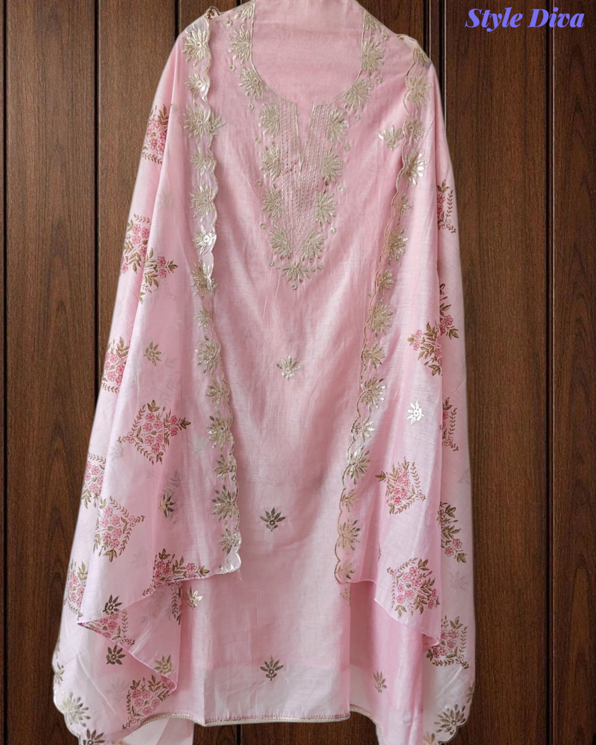 SD1136 - Mul Cotton Unstitched Suit with Pita Work, Block Print Dupatta & Matching Kurta