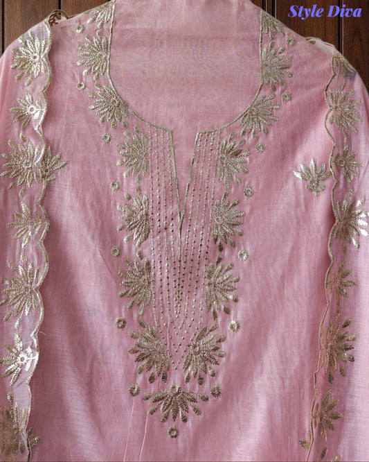 SD1136 - Mul Cotton Unstitched Suit with Pita Work, Block Print Dupatta & Matching Kurta