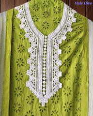 SD1131 - Cotton Schiffli Unstitched Suit with Crochet Lacing & Four-Side Border Chiffon Dupatta
