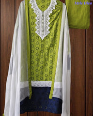 SD1131 - Cotton Schiffli Unstitched Suit with Crochet Lacing & Four-Side Border Chiffon Dupatta