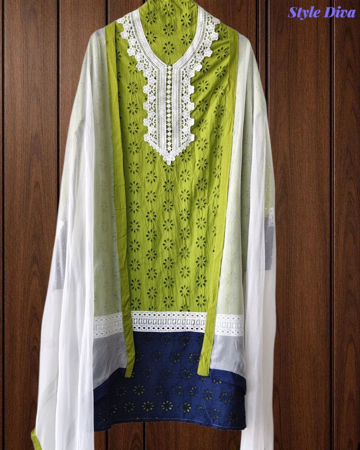 SD1131 - Cotton Schiffli Unstitched Suit with Crochet Lacing & Four-Side Border Chiffon Dupatta