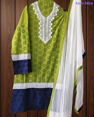 SD1131 - Cotton Schiffli Unstitched Suit with Crochet Lacing & Four-Side Border Chiffon Dupatta