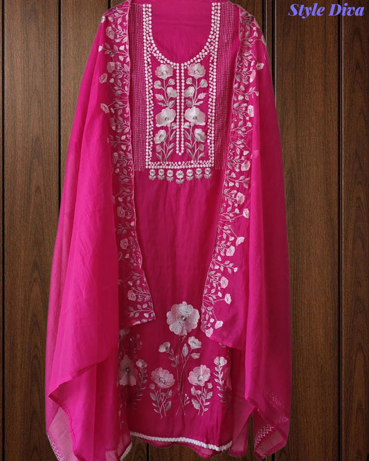 SD1127 - Mul Cotton Unstitched Suit with Laser Cut Work, Overall Embroidery & Matching Embroidered Dupatta