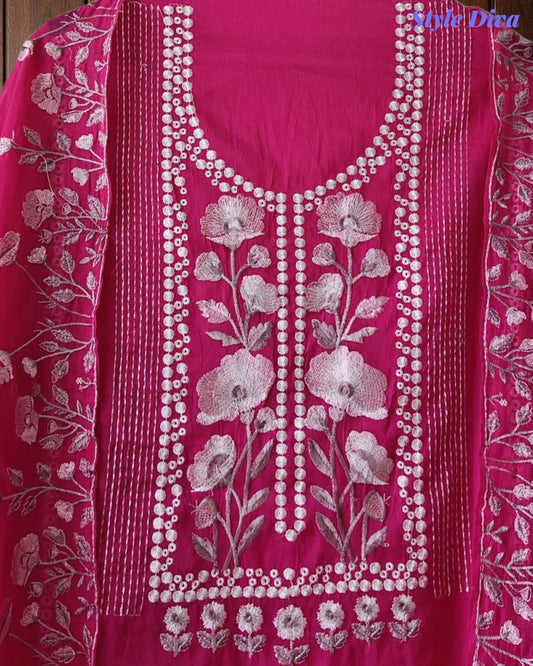 SD1127 - Mul Cotton Unstitched Suit with Laser Cut Work, Overall Embroidery & Matching Embroidered Dupatta