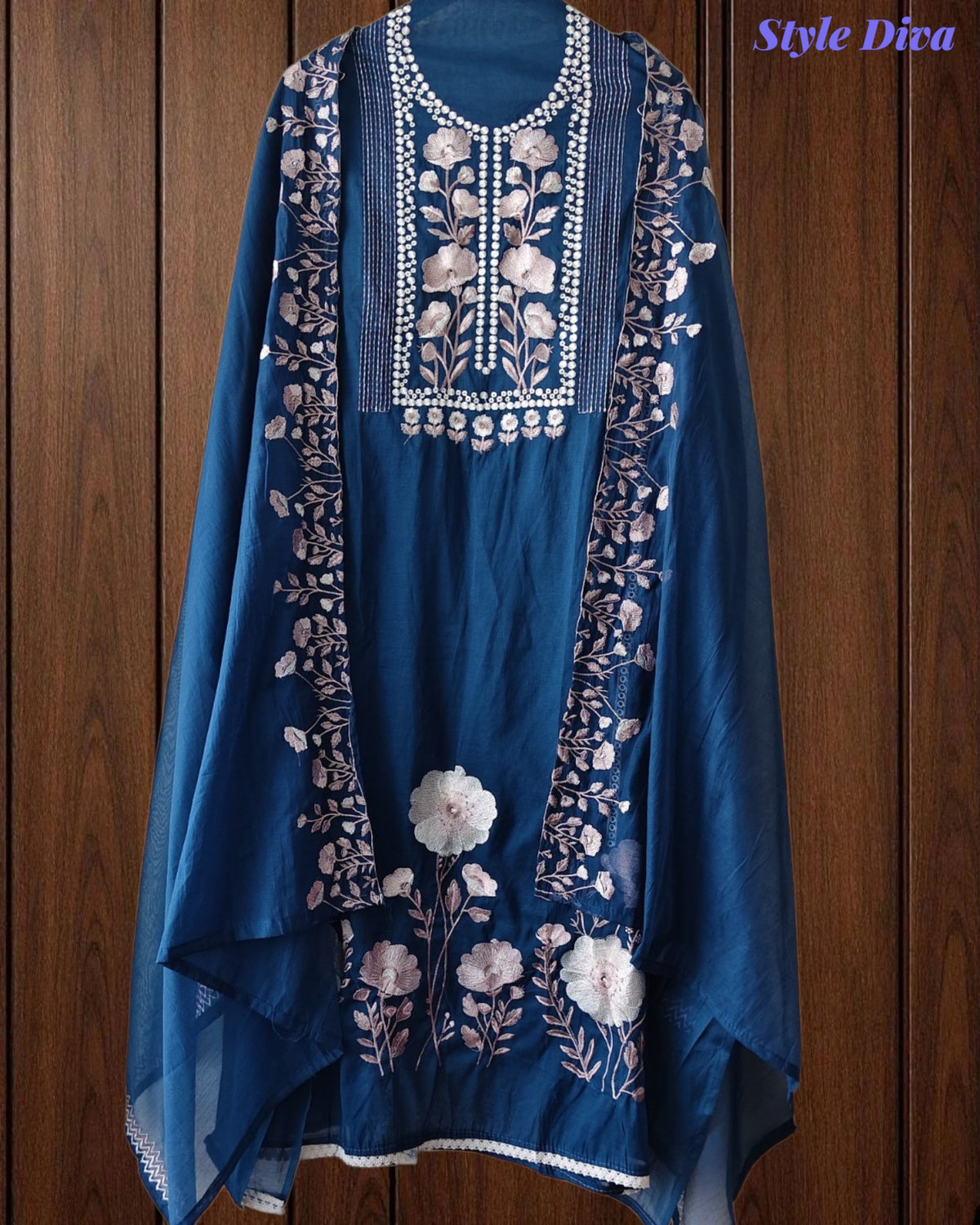 SD1127 - Mul Cotton Unstitched Suit with Laser Cut Work, Overall Embroidery & Matching Embroidered Dupatta