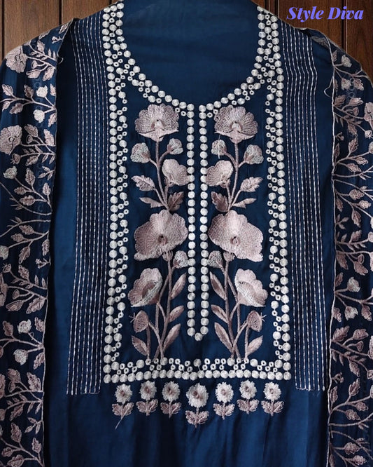 SD1127 - Mul Cotton Unstitched Suit with Laser Cut Work, Overall Embroidery & Matching Embroidered Dupatta