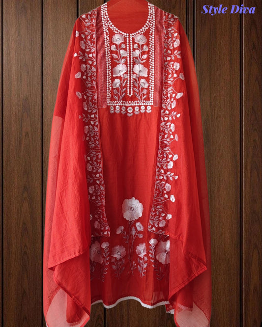SD1127 - Mul Cotton Unstitched Suit with Laser Cut Work, Overall Embroidery & Matching Embroidered Dupatta