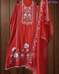 SD1127 - Mul Cotton Unstitched Suit with Laser Cut Work, Overall Embroidery & Matching Embroidered Dupatta