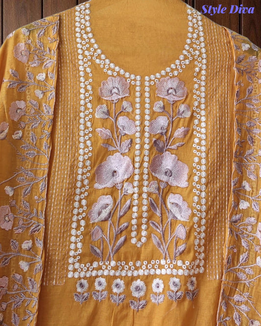 SD1127 - Mul Cotton Unstitched Suit with Laser Cut Work, Overall Embroidery & Matching Embroidered Dupatta