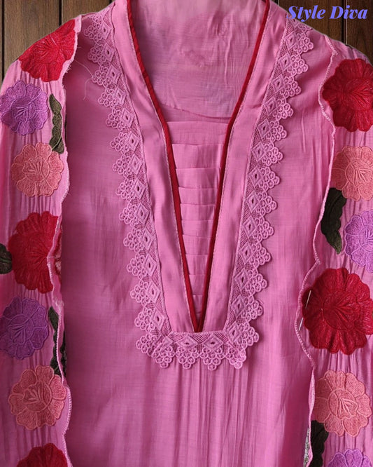 SD1104 - Mul Cotton Unstitched Suit with Crochet Neck Work, Embroidered Dupatta & Delicate Lace Detailing