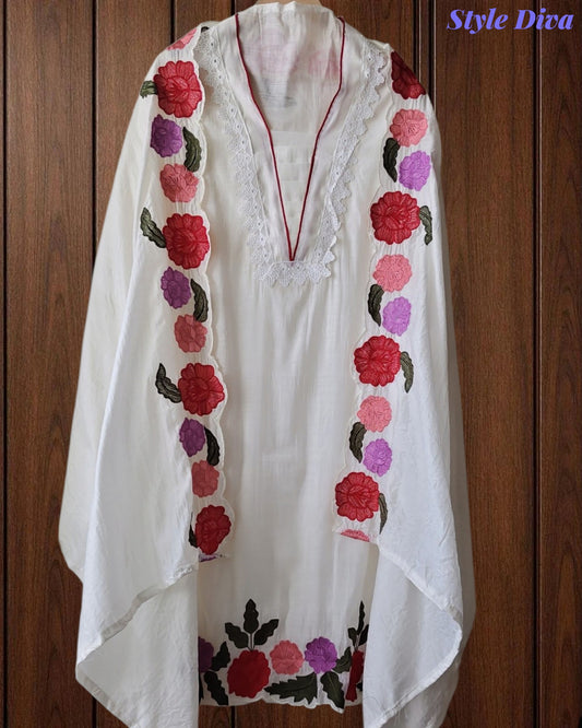 SD1104 - Mul Cotton Unstitched Suit with Crochet Neck Work, Embroidered Dupatta & Delicate Lace Detailing