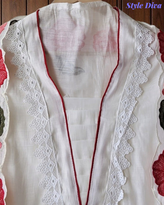 SD1104 - Mul Cotton Unstitched Suit with Crochet Neck Work, Embroidered Dupatta & Delicate Lace Detailing