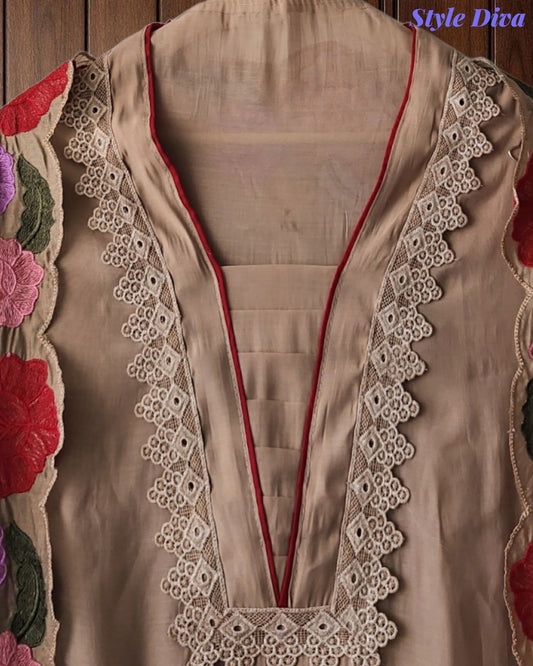 SD1104 - Mul Cotton Unstitched Suit with Crochet Neck Work, Embroidered Dupatta & Delicate Lace Detailing