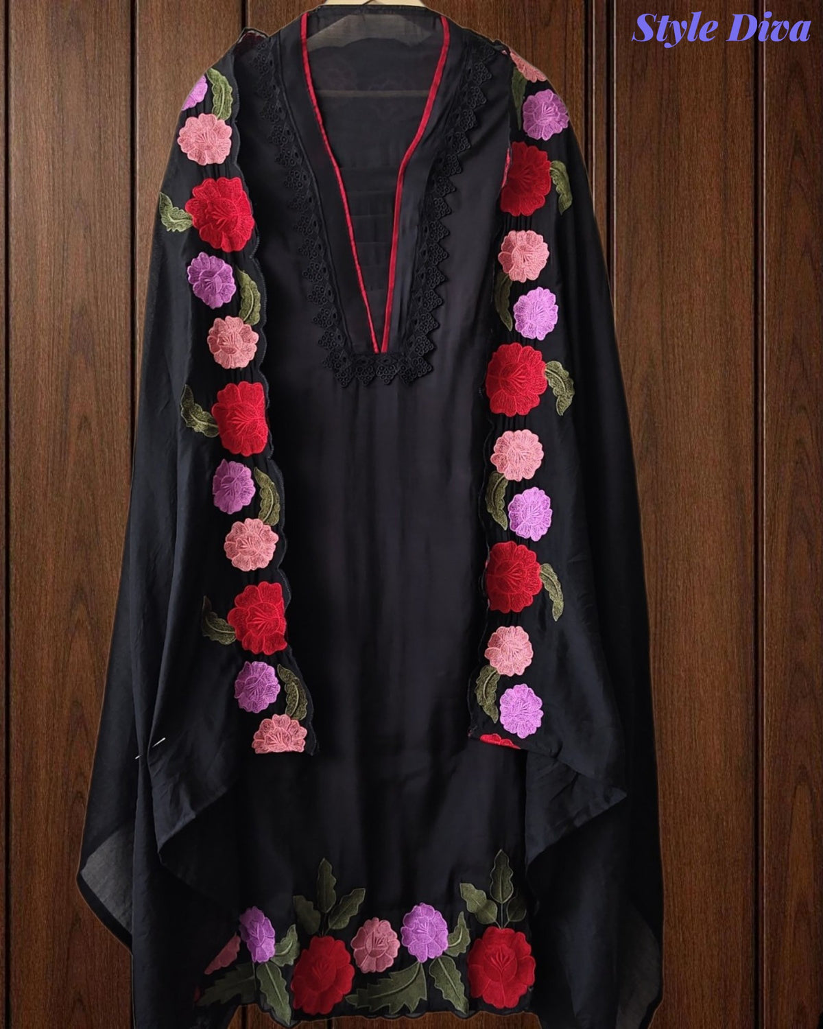 SD1104 - Mul Cotton Unstitched Suit with Crochet Neck Work, Embroidered Dupatta & Delicate Lace Detailing