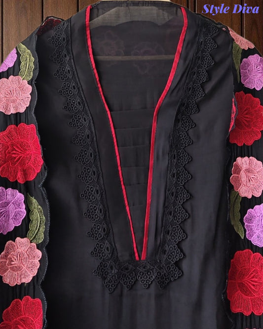 SD1104 - Mul Cotton Unstitched Suit with Crochet Neck Work, Embroidered Dupatta & Delicate Lace Detailing