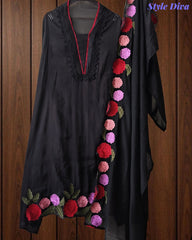 SD1104 - Mul Cotton Unstitched Suit with Crochet Neck Work, Embroidered Dupatta & Delicate Lace Detailing
