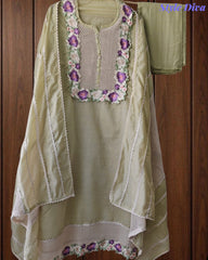 SD1121 - Jamdani Cotton Unstitched Suit with Crochet Lacing, 3D Flower Detailing & Matching Dupatta
